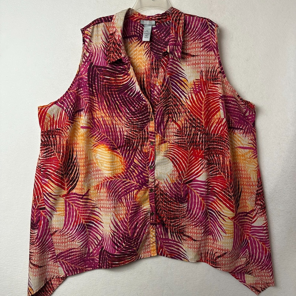 Catherines 4X 30/32W Sleeveless Tropical Palm Print Sharkbite Blouse Pink Orange